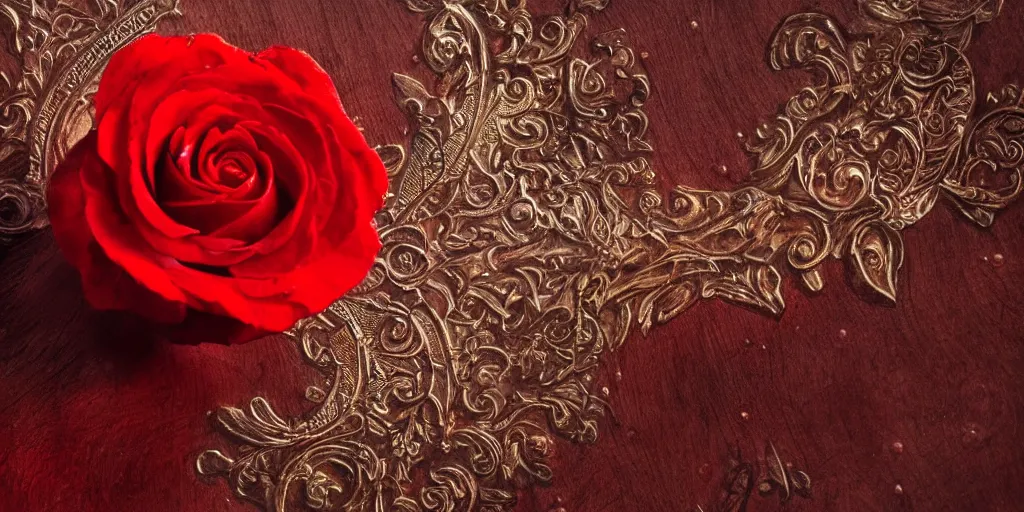 Image similar to a single red rose is on a wooden table with delicate carved filigree and drops of blood, close up view, dramatic lighting, DOF, art nouveau, intricate artwork by Raymond Swanland and Ruan Jia and Greg Rutkowski