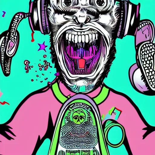 Image similar to artgerm, psychedelic laughing demon, rocking out, headphones dj rave, digital artwork, r. crumb, svg vector