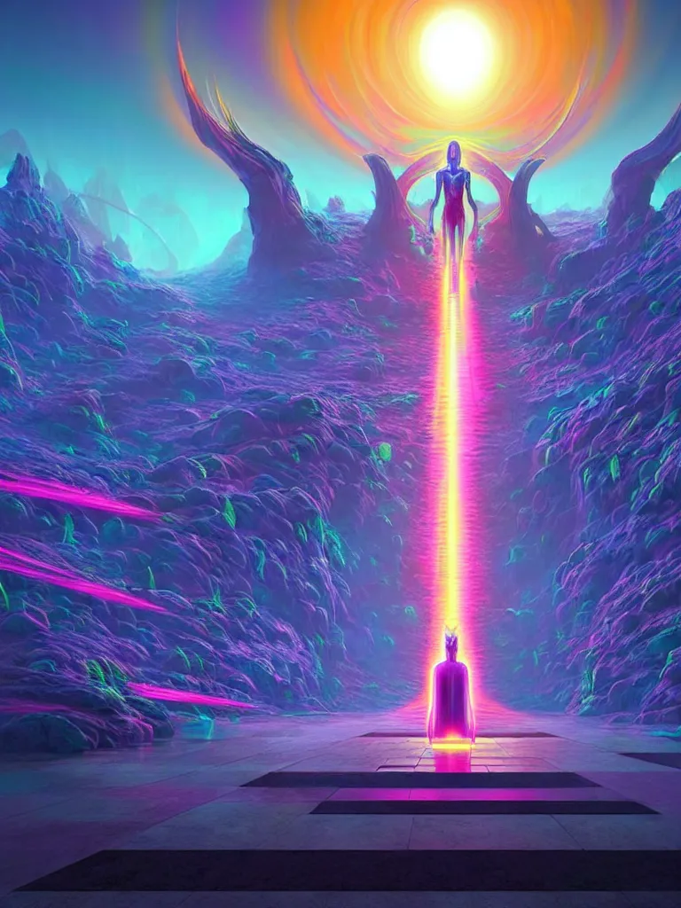 Image similar to entrance to ethereal realm, cybergod vishnu, rendered in unreal engine, central composition, symmetrical composition, dreamy colorful cyberpunk colors, 6 point perspective, fantasy landscape with anthropomorphic!!! terrain!!! in the styles of igor morski, jim warren and rob gonsalves, intricate, hyperrealistic, volumetric lighting, neon ambiance, distinct horizon