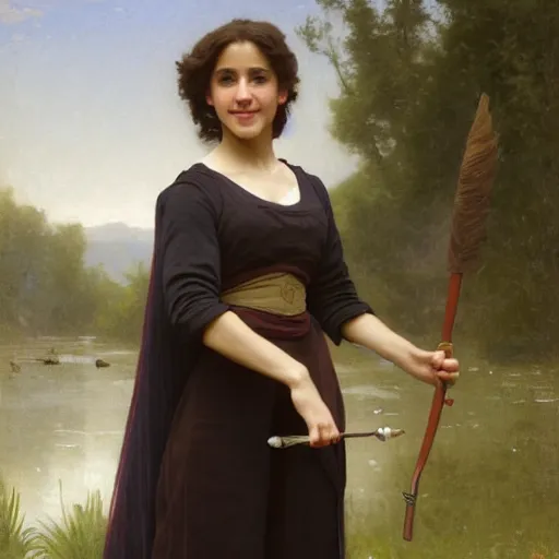 Image similar to painting of claudia vega from eva 2 0 1 1 as hermione granger. smiling. happy. cheerful. art by william adolphe bouguereau. extremely detailed. beautiful. 8 k. award winning.