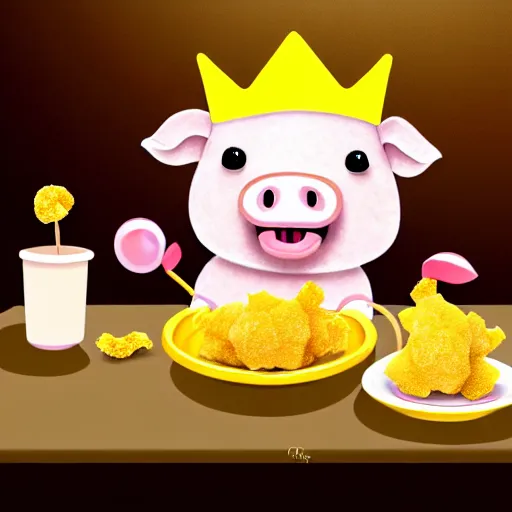 Prompt: realistic photo of a cute felt stuffed animal pig wearing a gold crown eating a bowl pork rinds and pickles at table with a bib on, high quality, cinematic concept art