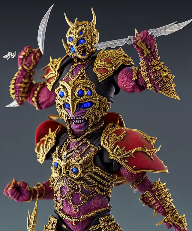 Image similar to hyperrealistic rendering, epic boss fight, ornate supreme demon overlord, jewel crown, war armor battle, by art of skinner and richard corben, product photography, collectible action figure, sofubi, hottoys