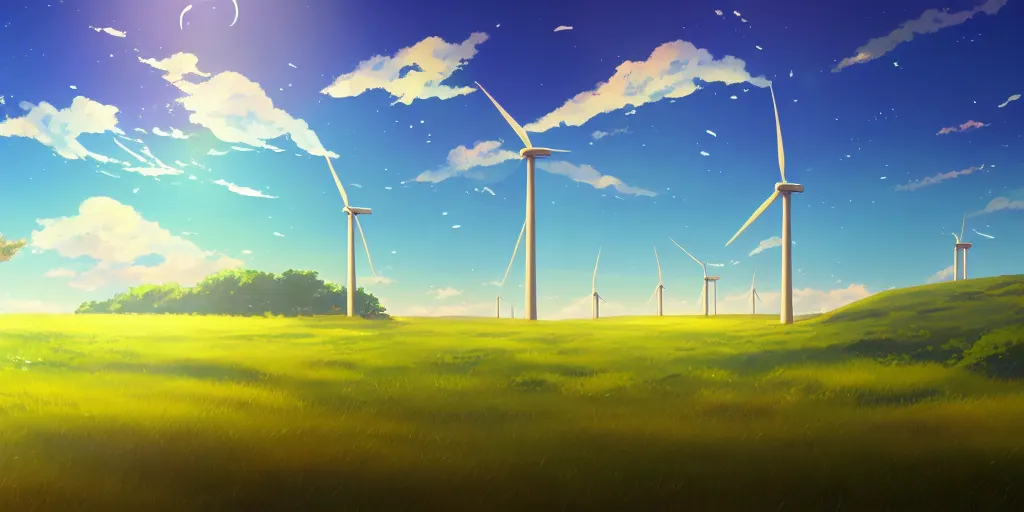 Image similar to beautiful anime painting of a field with wind turbines, clear blue skies, beach, rolling green hills, daytime, by makoto shinkai, kimi no na wa, artstation, atmospheric.