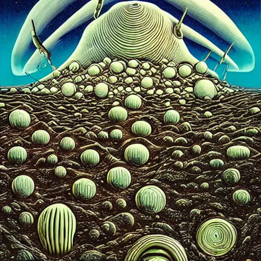 Prompt: alien planet landscape with bizarre buildings and Lifeforms. Jeffrey Smith, Stanley Donwood