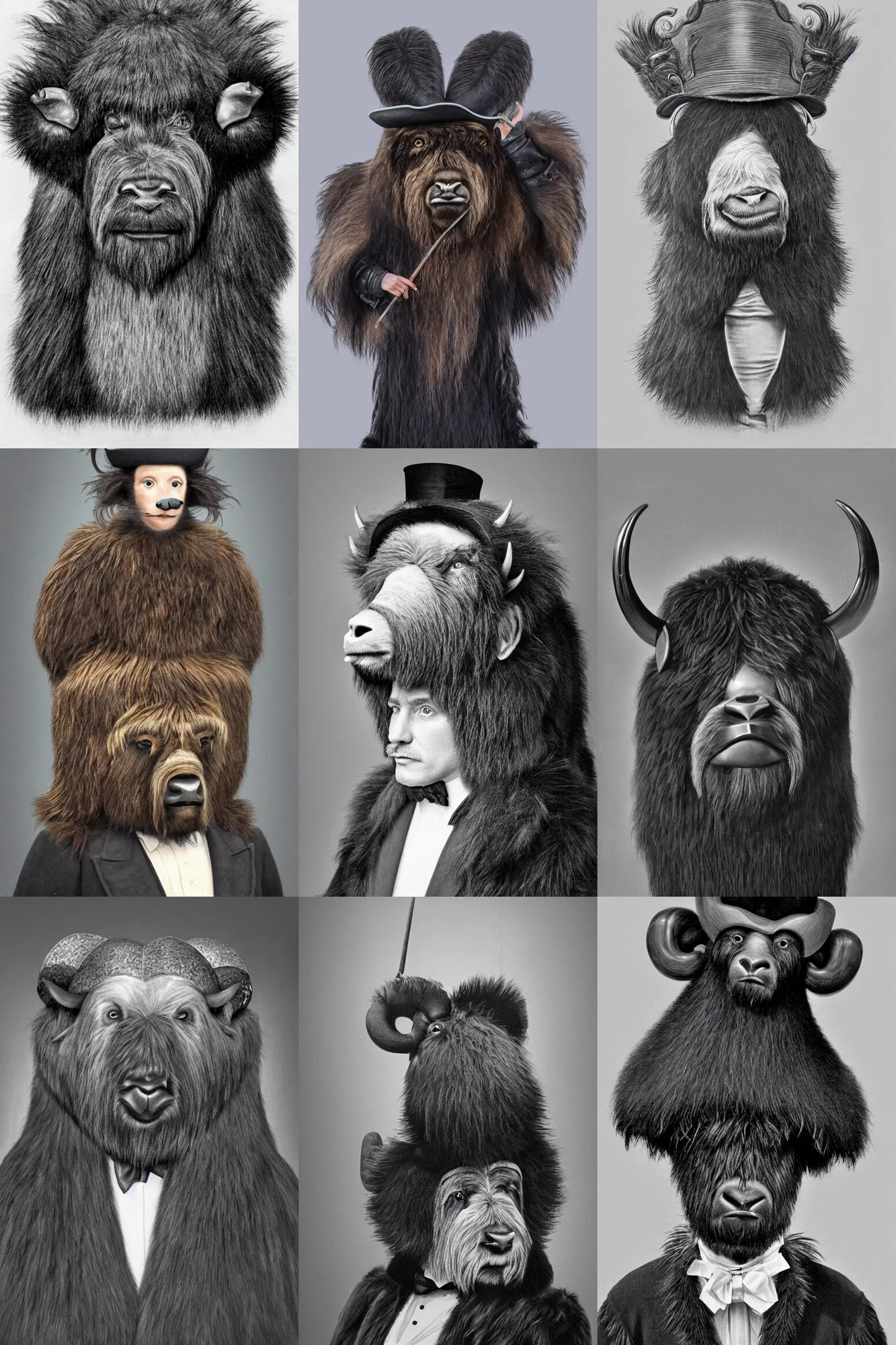 Prompt: highly detailed portrait photo of an anthropomorphic mutant with the head of a musk ox, wearing a long fur coat and a top hat, hyperrealistic Illustration