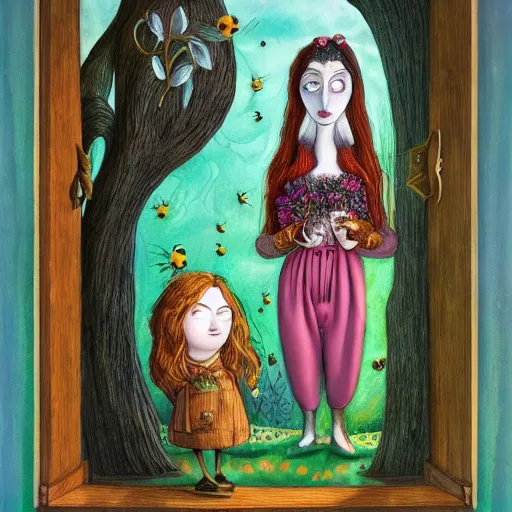 Image similar to a portrait of a woman standing infront of a window, she is happy and has lovely hair and eyes, a man is standing behind her with a look of suprise in his face, 🪴🌳🐝, 8 k, lowbrow, in the style of daniel merriam and alexander jansson,