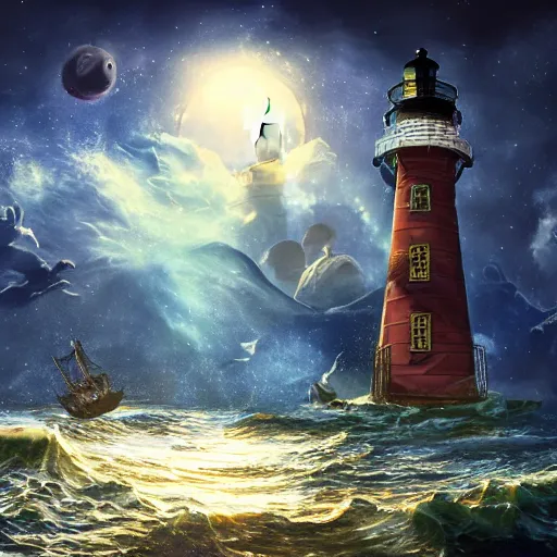 Image similar to pirates sailing the lighthouse in the middle of the galaxy , wide angle shot, diffuse lighting, fantasy, intricate, elegant, highly detailed, lifelike, photorealistic, digital painting, illustration, concept art, smooth, sharp focus, A24!film cinematography