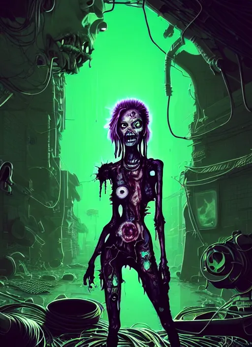 Prompt: highly detailed portrait of an angry wasteland punk long dripping green poison hair tribal zombie lady, stray wiring by atey ghailan, james gilleard, by joe fenton, by greg rutkowski, by greg tocchini, by kaethe butcher, 4 k resolution, gradient purple, brown black and white color scheme!!! ( ( green flaming robotic sewer background ) )