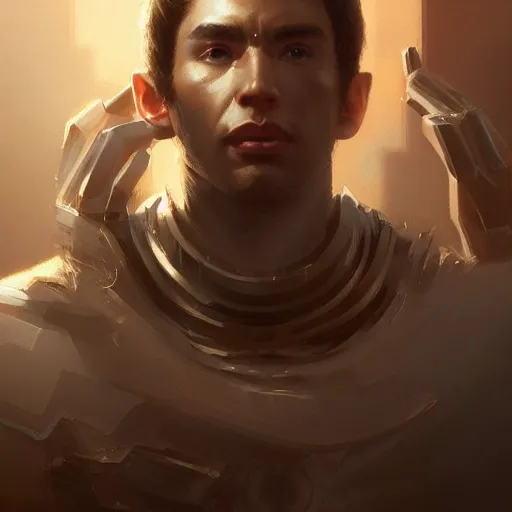 Image similar to portrait of a confident modern god, technology, in modern era, upper body, D&D, intricate, cinematic lighting, highly detailed, digital painting, artstation, concept art, smooth, sharp focus, illustration, art by Artgerm and Greg Rutkowski