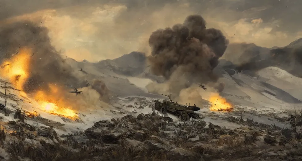 Image similar to second world war aftermath of huge battle on snowy mountain, with anti aircraft guns, with fire and smoke in the background by eugene von guerard, ivan shishkin, dramatic lighting, concept art, trending on artstation, 8 k