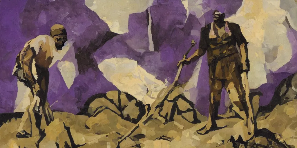 Image similar to old black man holding pick axe in hand, shades of purple, oil painting by aaron douglas,