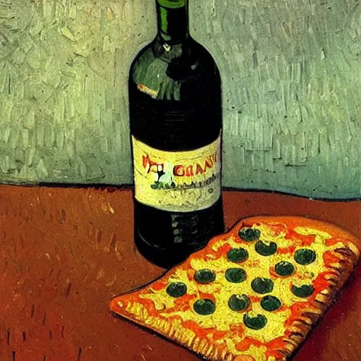 Image similar to Oil painting of a still life with a pizza and wine bottle, by Vincent van Gogh,