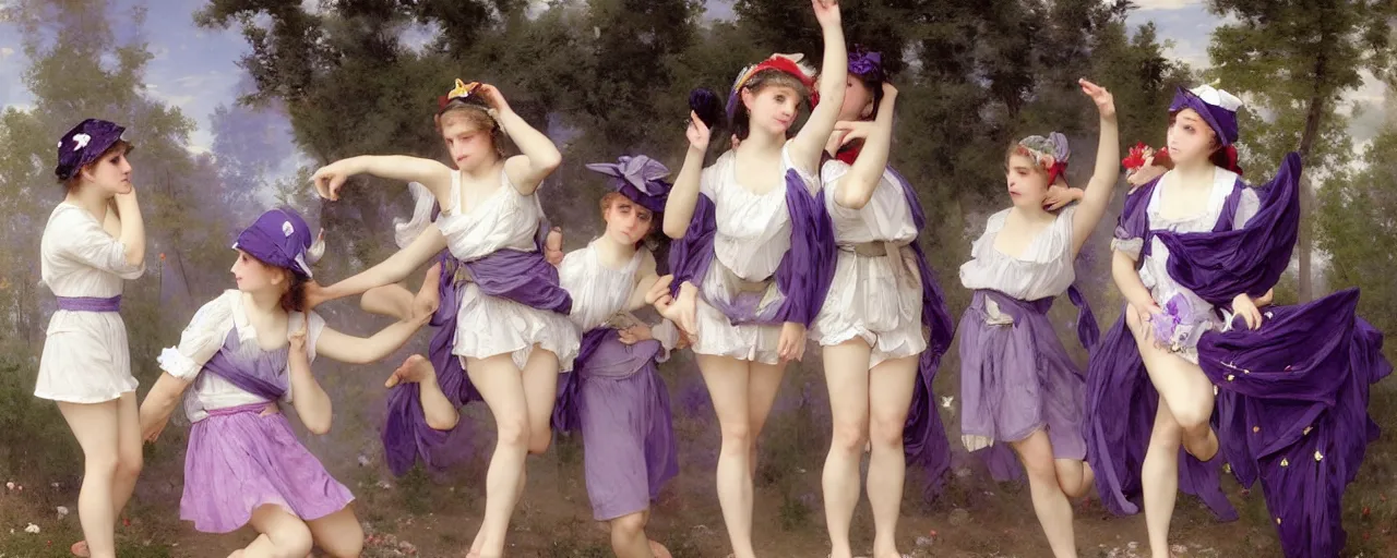 Prompt: A character sheet of full body cute magical girls with short blond hair wearing an oversized purple Beret, Purple overall shorts, Short Puffy pants made of silk, pointy jester shoes, a big billowy scarf, and white leggings. Rainbow accessories all over. Flowing fabric. Covered in stars. Short Hair. Art by william-adolphe bouguereau and Paul Delaroche and Alexandre Cabanel and Lawrence Alma-Tadema and WLOP and Artgerm. Fashion Photography. Decora Fashion. harajuku street fashion. Kawaii Design. Intricate, elegant, Highly Detailed. Smooth, Sharp Focus, Illustration Photo real. realistic. Hyper Realistic. Sunlit. Moonlight. Dreamlike. Surrounded by clouds. 4K. UHD. Denoise.