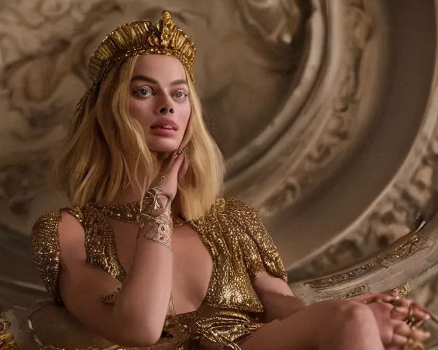 Image similar to Margot robbie as a goddess in heaven, Photography, Cinematic, Portrait, insanely detailed and intricate, hypermaximalist, elegant, ornate, hyper realistic, super detailed