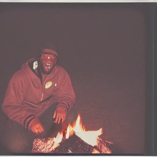 Prompt: retro 90s granular polaroid outdoors photo of an African American rapper near a campfire, flash photography, image artifacts