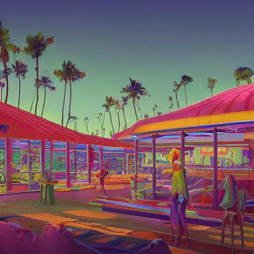 Image similar to inside psychedelic beachfront fast food restaurant with palm trees by simon stalenhag