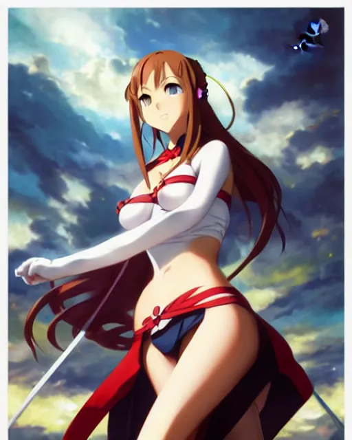 Image similar to pinup photo of asuna from sao in the crowded square of the city, asuna by a - 1 pictures, by by peter mohrbacher, artgerm gil elvgren, enoch bolles, glossy skin, pearlescent, anime, very coherent, sao style anime, flat