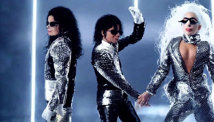 Image similar to michael jackson and lady gaga in a surreal futuristic music video
