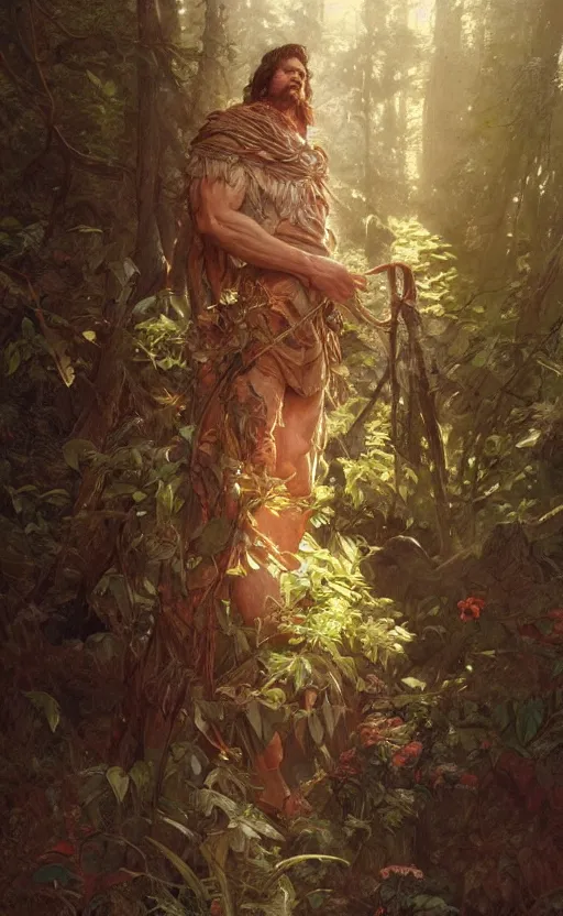 Image similar to god of the forest, 3 0 years old, rugged handsome, male, gorgeous, detailed face, clean lines, cinematic light, amazing, full body, flowers, muscular, intricate, highly detailed, digital painting, artstation, concept art, sharp focus, illustration, art by greg rutkowski and alphonse mucha