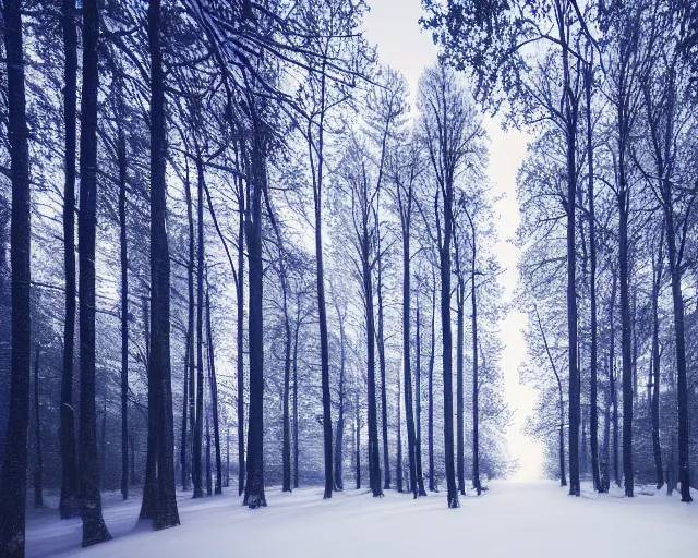 Image similar to a forest filled with lots of snow covered trees at dark blue night, a matte painting by konstantinas ciurlionis, featured on unsplash, tonalism, photo taken with ektachrome, high dynamic range, photo taken with provia