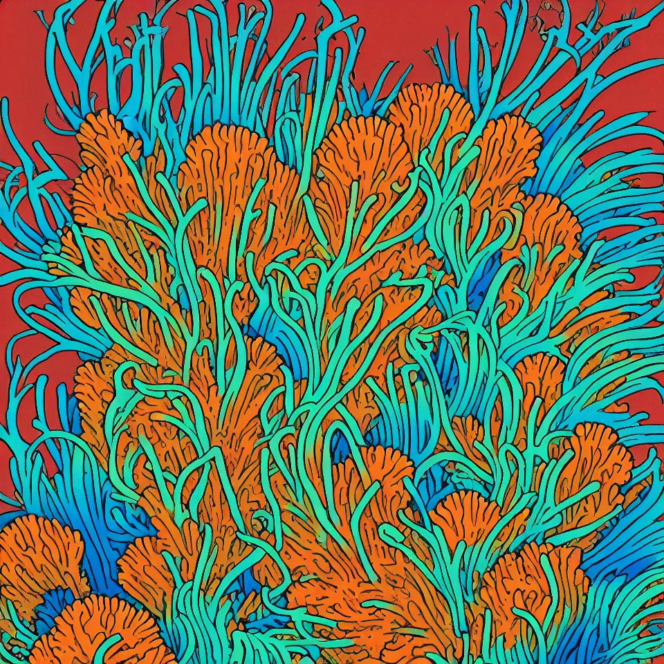 Prompt: colorful print of a coral anemone botanical artwork, multicolor lino block print, created by mike mignola, greg hildebrandt, banksy in the style of painting toon shades, colorful ink, vibrant, pastel, color vector, smooth curves, graphical, detailed, trending in art station
