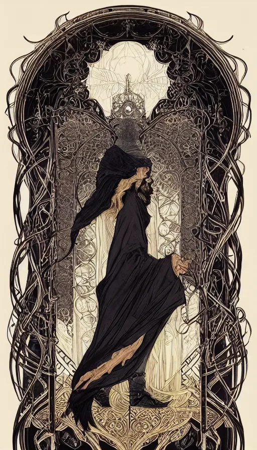 Image similar to one old man wore a black cloak, a black cloak and a white beard, highly detailed, very intricate, art nouveau, gold filigree, left right symmetry, tarot concept art watercolor illustration by mandy jurgens and alphonse mucha and alena aenami, featured on artstation