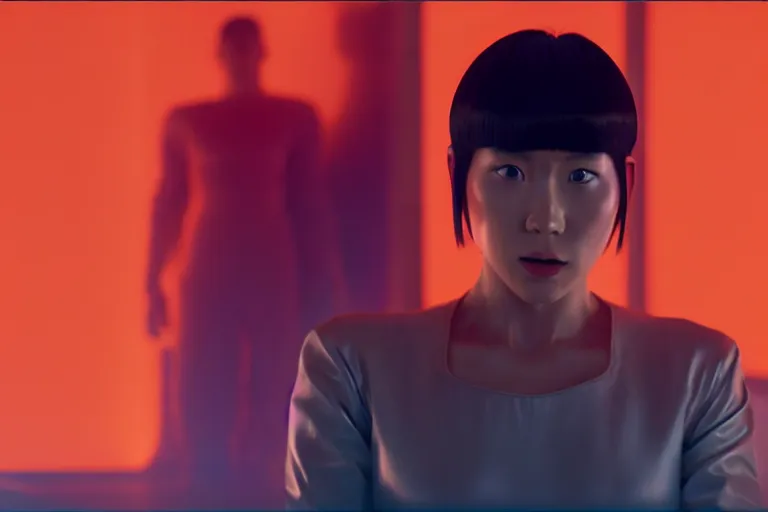 Prompt: major motoko wearing an orange prison jumpsuit, a large hologram of a screaming face dominates the background, photography by fred palacio medium full shot still from bladerunner 2 0 4 9, sci fi, bladerunner, canon eos r 3, f / 3, iso 2 0 0, 1 / 1 6 0 s, 8 k, raw, unedited