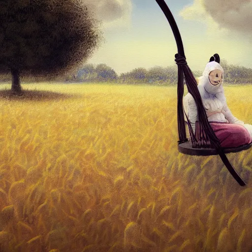 Prompt: detailed soft painting of a girl wearing a white face mask on a garden swing, seeing a scarecrow in a field of wheat rembrandt style, elegant, highly detailed, artstation, concept art, matte, sharp focus, folk horror