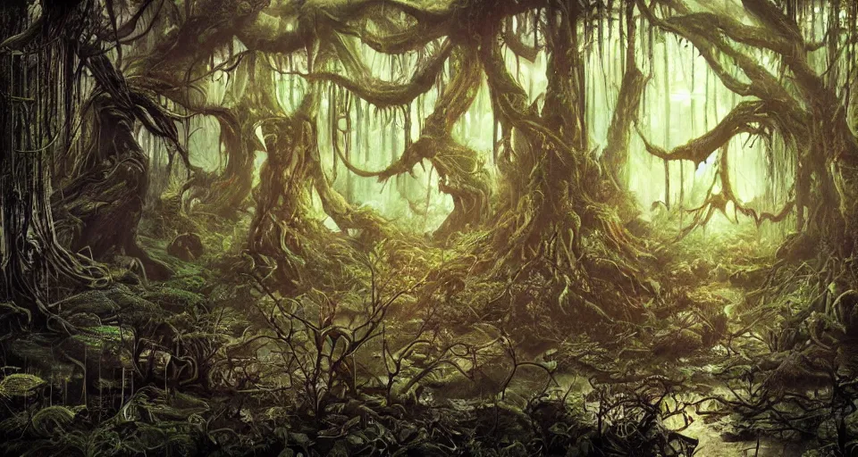 Prompt: A dense and dark enchanted forest with a swamp, by Android jones,