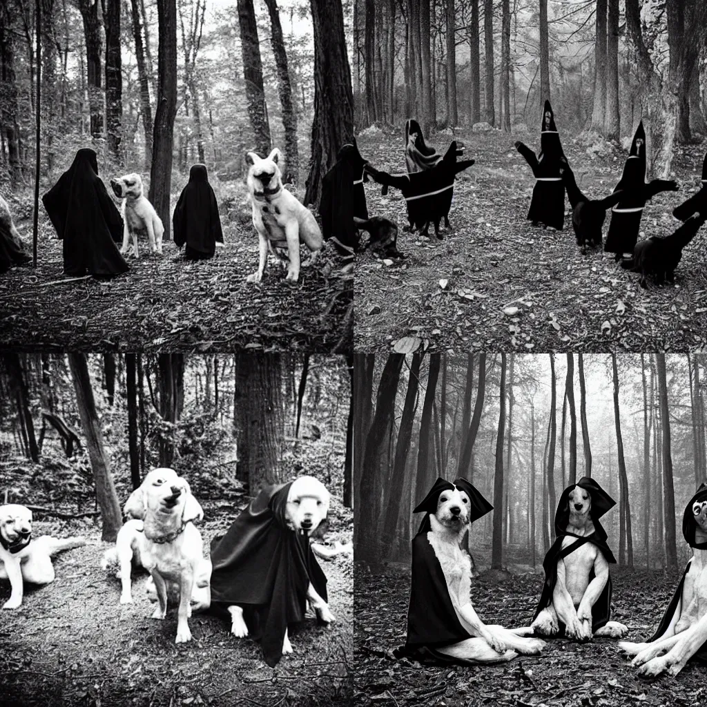 Prompt: a horrifying, unnerving photo of dogs in dark robes performing a human sacrifice in the woods. black and white, grainy, distorted, creepy