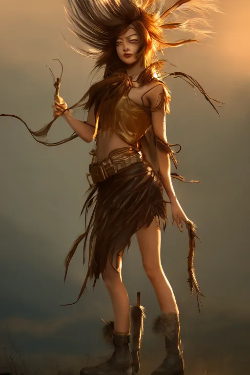 Prompt: beautiful young wind spirit, leather top, feather skirt, , golden hour, full body, post apocalyptic setting, medium shot, mid-shot, highly detailed, trending on Artstation