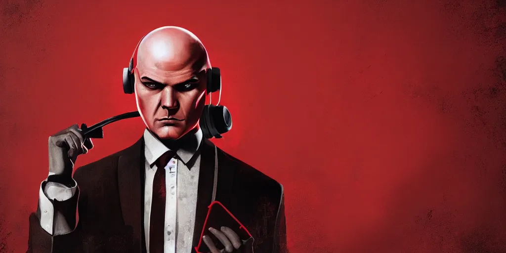 Prompt: agent 4 7 from hitman wearing headphones listening to music, dark background, red rim light, highly detailed, smooth, sharp focus, art by ali kiani amin