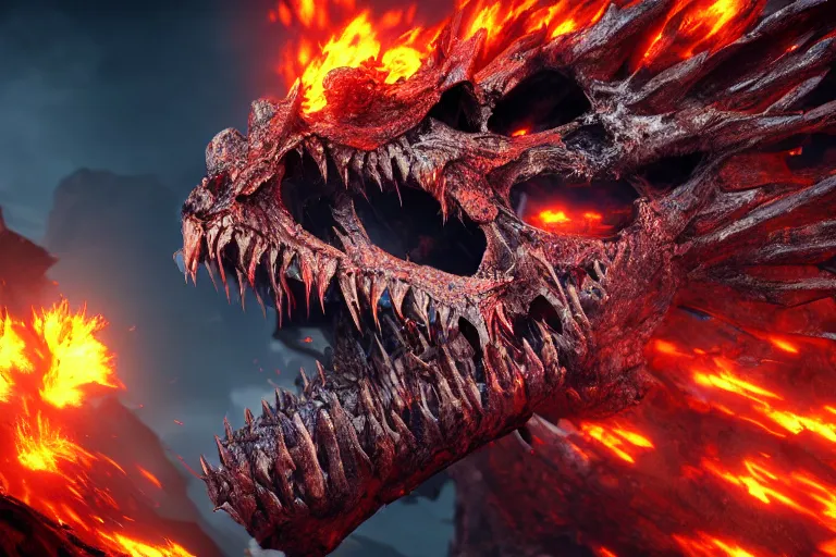 Image similar to amplified ritual engine, closeup portrait of a roaring dragon, volcanic skeleton, dramatic lighting, rocky environment, unreal engine, cgsociety, artstation, 4k