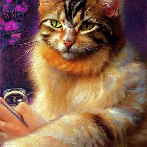 Image similar to portrait of a furry fluffy female tabby cat in a cute floral dress. shadowrun furaffiniy cyberpunk fantasy highly detailed painting by gaston bussiere craig mullins jc leyendecker gustav klimt artgerm greg rutkowski john berkey, bergey, craig mullins, ruan jia, raymond swanland, jeremy mann, tom lovell, alex malveda