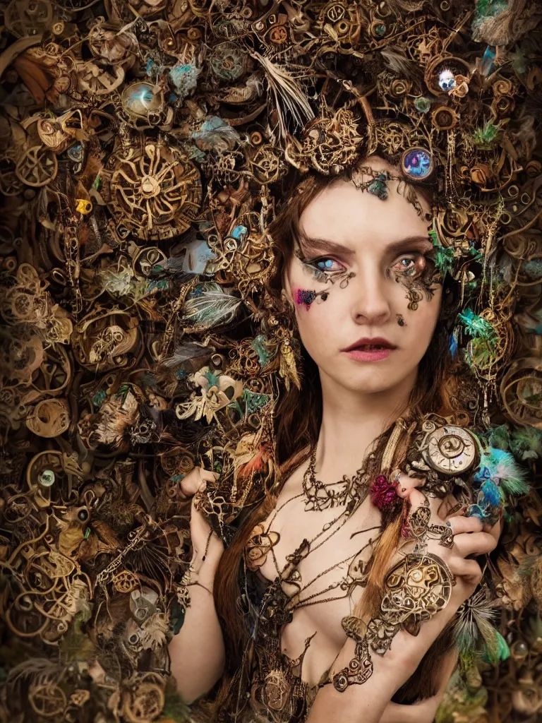 Image similar to a centered photo of a gorgeous steampunk fairy with face tattoos wearing ornate and intricate jewellery made from sticks and feathers and leaves and jewels dancing through a mushroom forest, Photo real, Detailed, Realism, Fantasy, Volumetric Lighting, Global Illumination, Subsurface Scattering, Photographic Color Scheme blur,trending on cg society, trending on artstation