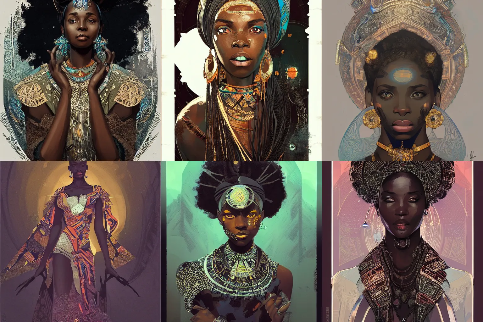 Prompt: black african princess, symmetric, highly detailed, concept art, intricate, sharp focus, illustration, ismail inceoglu, rutkowski, artgerm, alphonse mucha