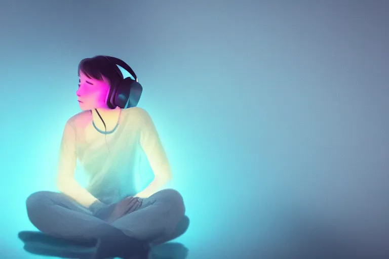Prompt: a cute girl wearing headphones sitting on a cloud relaxing, misty, glows, digital art, hazy, foggy, ambient lighting, 8 k, neon, synthwave,