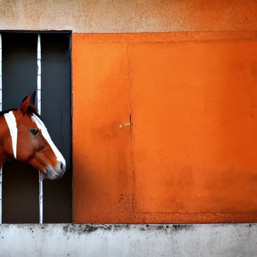 Image similar to horse with orange inmate clothes, in a jail