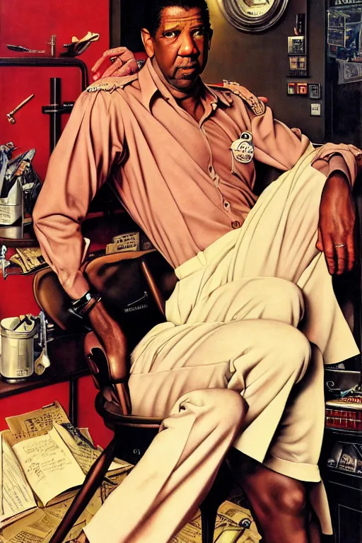 Prompt: denzel washington by gil elvgren and norman rockwell and rob gonsalves and hajime sorayama, hyperrealistic, high detail, ultra detailed, highly detailed face, ruffled fabric