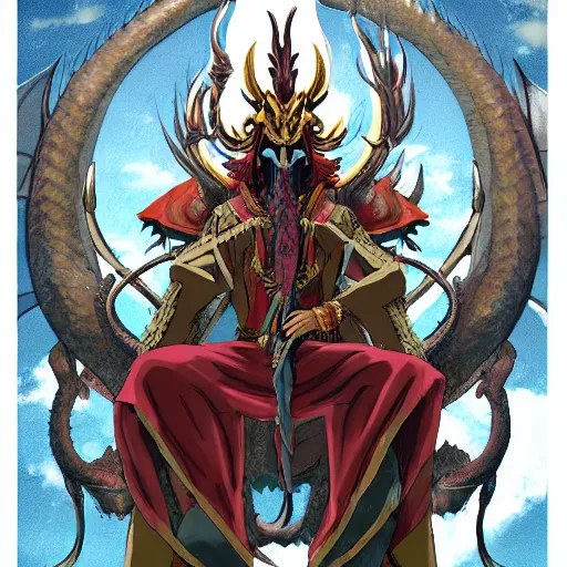 Prompt: concept art painting of an anthropomorphic dragon king with robes, a long dragon neck, and horned skull mask, sitting on a throne, anime style, cel shaded, in the style of makoto shinkai and james gurney and studio ghibli and moebius