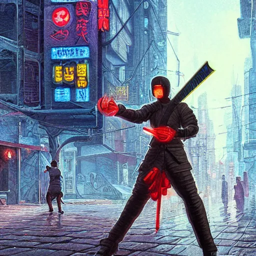 Prompt: An android with akimbo katanas by Evgeny Lushpin, cyberpunk, Trending on Artstation, 1980s computer graphics,