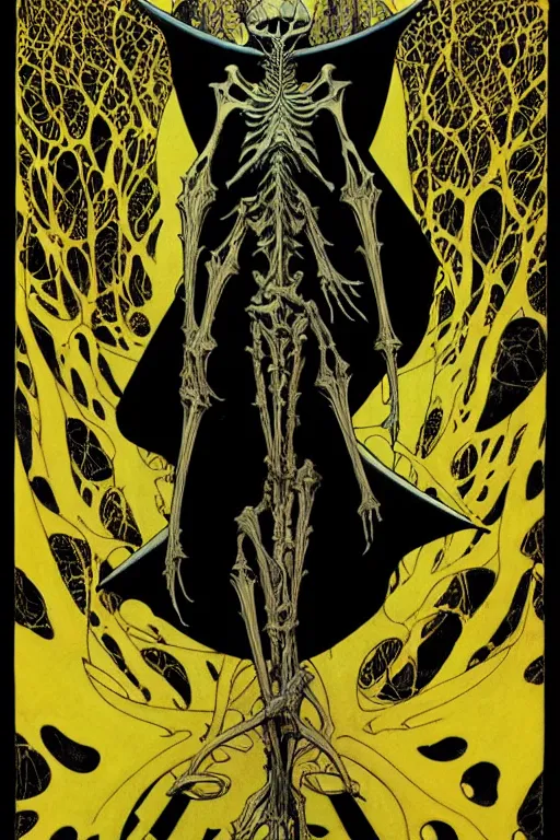 Prompt: black and yellow flat color, mucha, richard corben, wayne barlowe, moebius, heavy metal comic cover art, psychedelic triangular skeletal calcification fungus lich in darkiron spike armor, full body, hollow eyes, symmetrical face, long black crown, in a dungeon background, moody dark colors