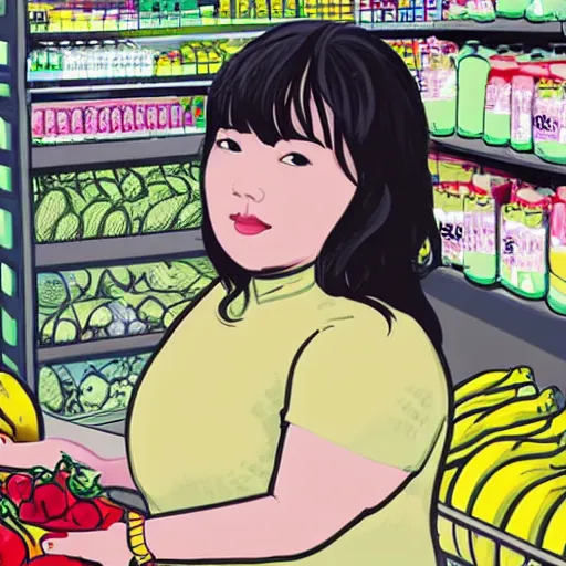 Image similar to cute penial drawing of a slightly chubby 28 year old Korean woman standing in a grocery store next to the bananas