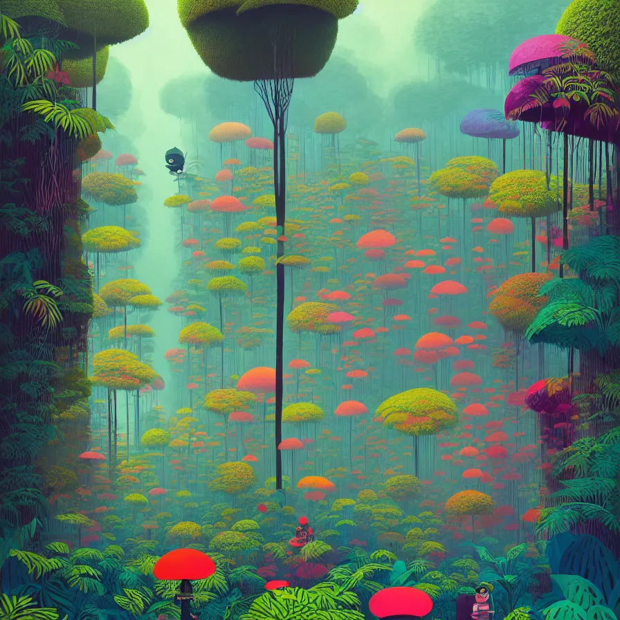 Prompt: surreal glimpse, malaysia jungle, summer morning, very coherent and colorful high contrast art by gediminas pranckevicius james gilleard james gurney floralpunk screen printing woodblock, dark shadows, pastel color, hard lighting, stippling dots, art nouveau