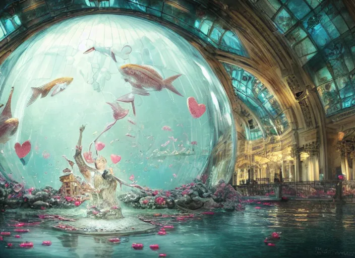 Prompt: A bustling beautiful city on the sea floor inside a glass dome with valentine's day decarations during valentine's day, anime, fountain, statue, underwater, rapture, fish flying over head, godrays, a fantasy digital painting by Greg Rutkowski and James Gurney, trending on Artstation, highly detailed