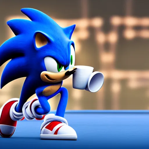 Image similar to 3d render of Sonic drinking a cup of tea, trending on artstation, blender, octane render