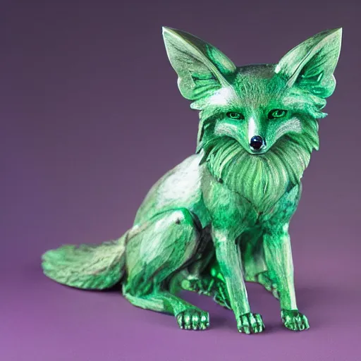 Image similar to Emerald Fox sculpture with glowing purple eyes