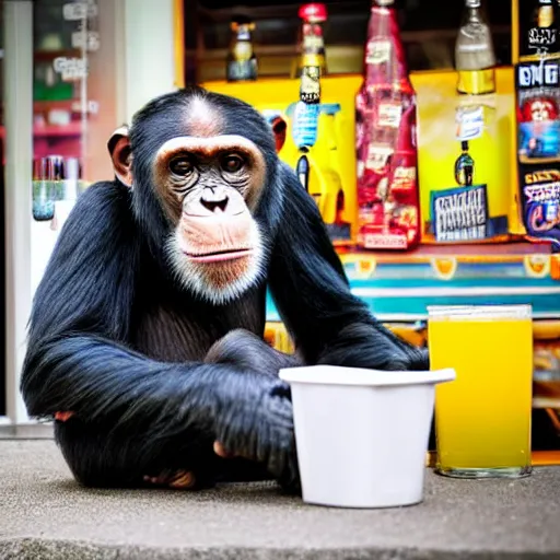 Prompt: a chimpanzee drinking beer in a corner shop