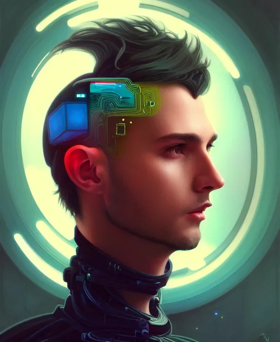 Prompt: a whirlwind inside the metaverse, guy, male, man, science, machine face, fashionable haircut, half body, neurochip, android, cyberpunk face, by loish, d & d, fantasy, intricate, elegant, highly detailed, colorful, digital painting, artstation, concept art, art by artgerm and greg rutkowski and alphonse mucha