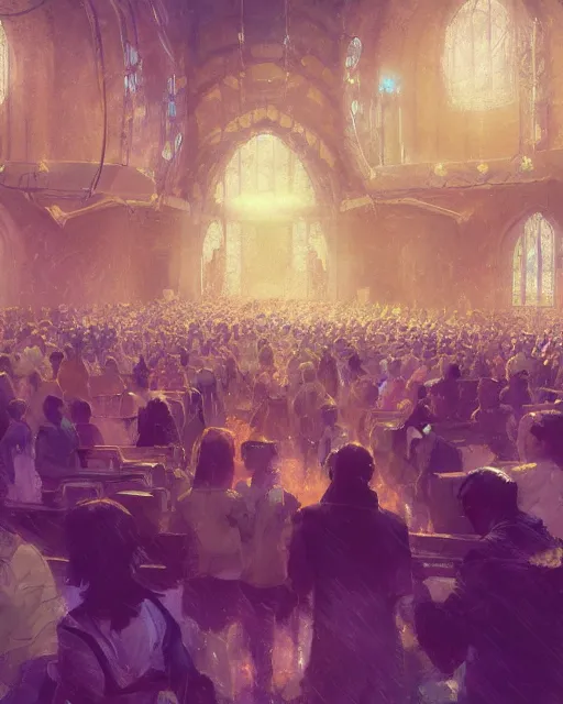 Prompt: craig mullins and ghibli digital illustration of a crowd in a futuristic church, priest, pews, ethereal, inviting, bright, raking light, unreal engine, hyper realism, realistic shading, cinematic composition, realistic render, octane render, detailed textures, photorealistic, wide shot